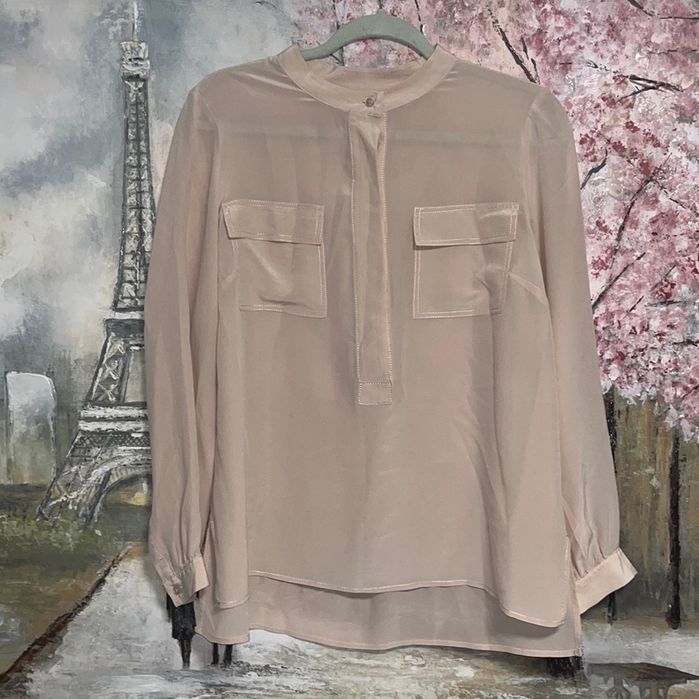 Talbots Long Sleeve 100% Silk Blush Pink Double Front Pocket Top Size M EUC